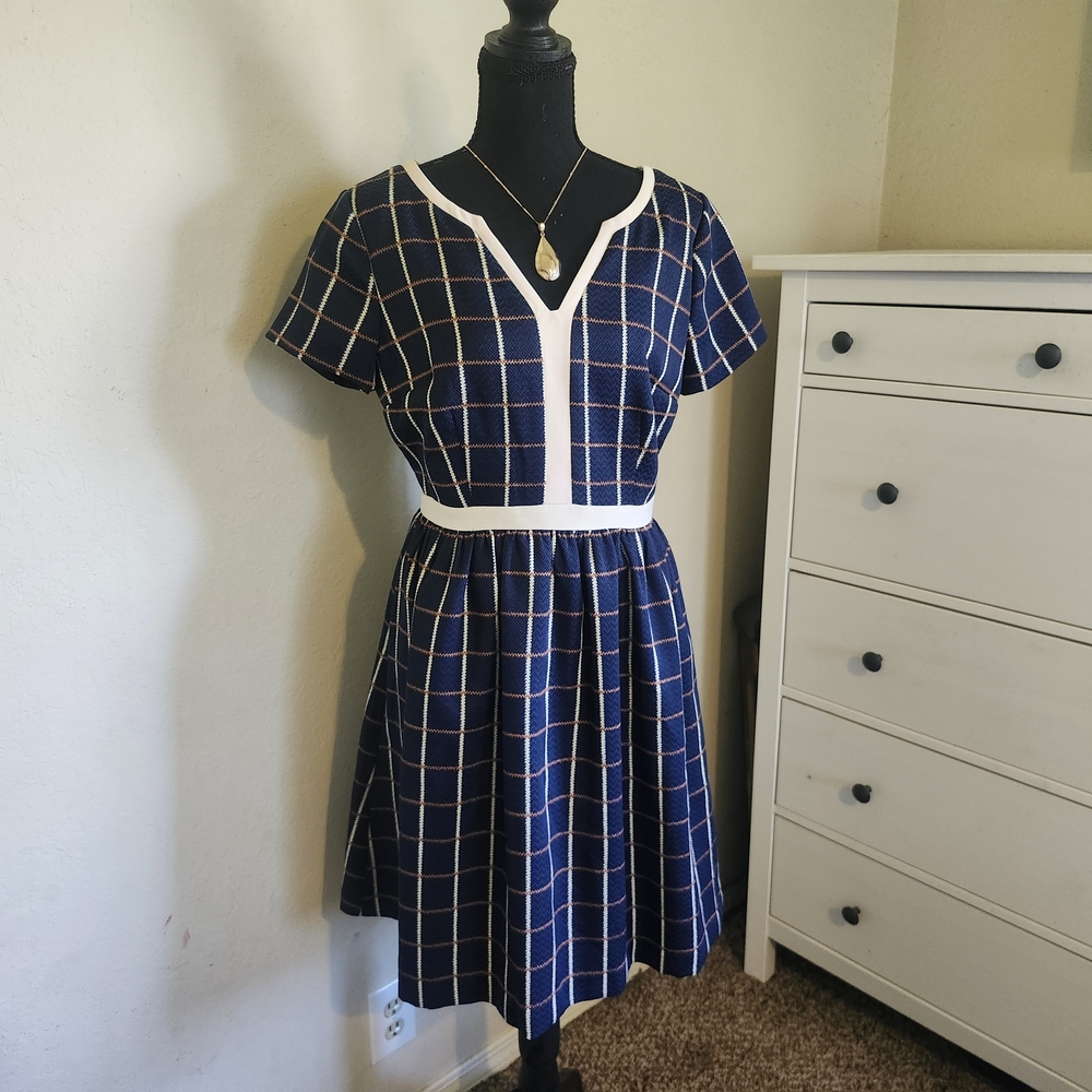 Modcloth Navy Grid-Print Midi Dress with Cream Trim